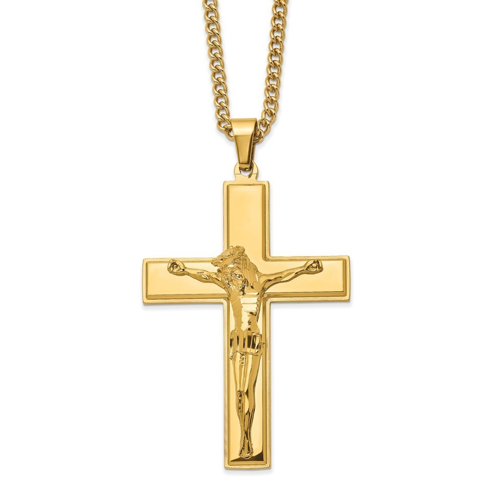 Chisel Stainless Steel Yellow IP-plated Crucifix Charm w 24" Curb Chain Necklace
